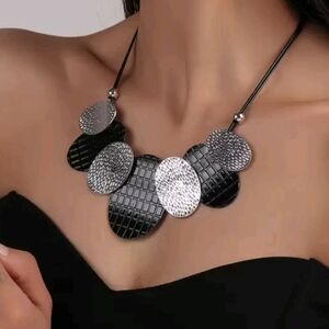 Statement Black and Silver Disc Necklace - Women Jewelry